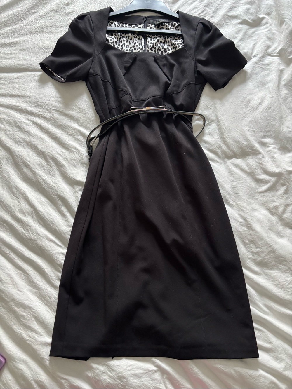 White House Black Market Black Midi Dress with Leopard-Print Trim